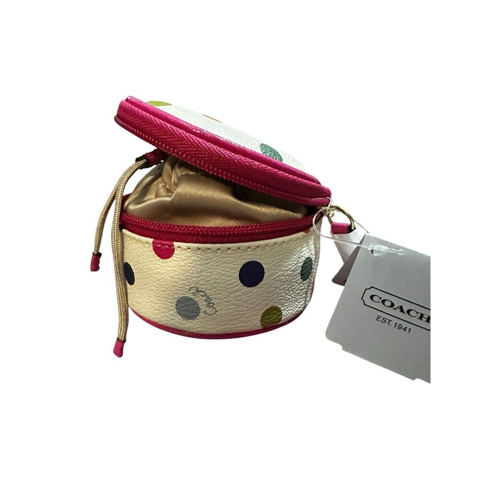 RARE Coach Polka dot Round Travel Jewelry Box White/multicolor Mirror NWT HTF